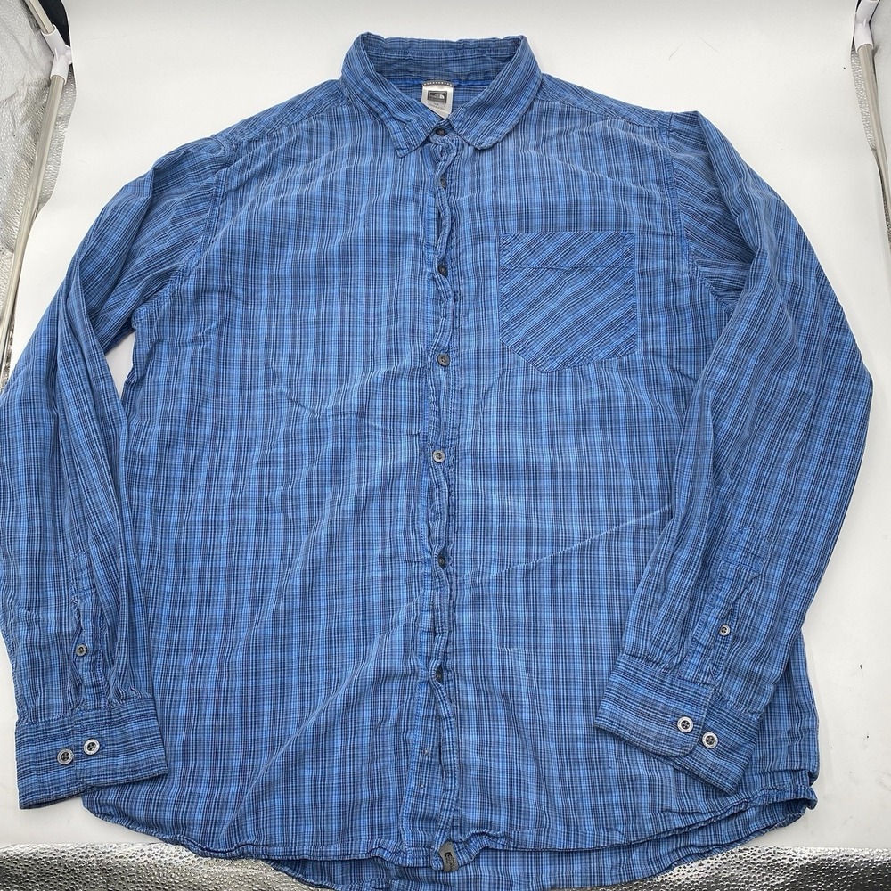 The North Face Shirt Mens Large Blue Cotton Plaid Long Sleeve Button Down VGC